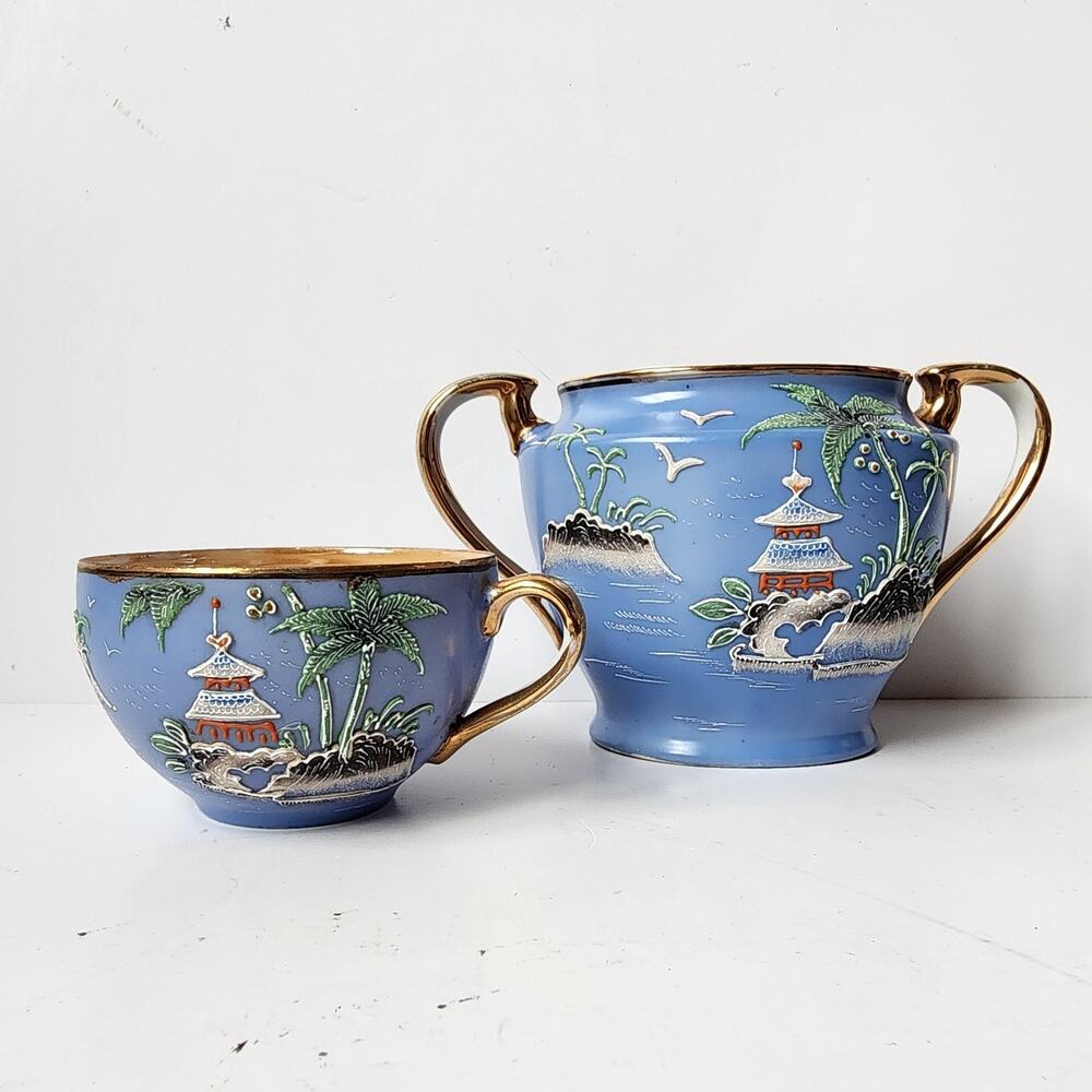 Magnificent Moriyama Japan Moriage Sugar Bowl Cup Island Palm Trees Pagoda Blue